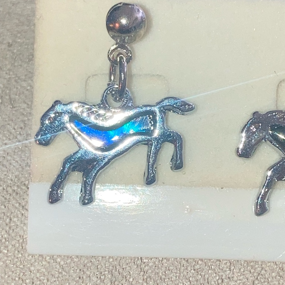 Silver Tone and Blue Abalone Horse Earrings - Picture 2 of 3